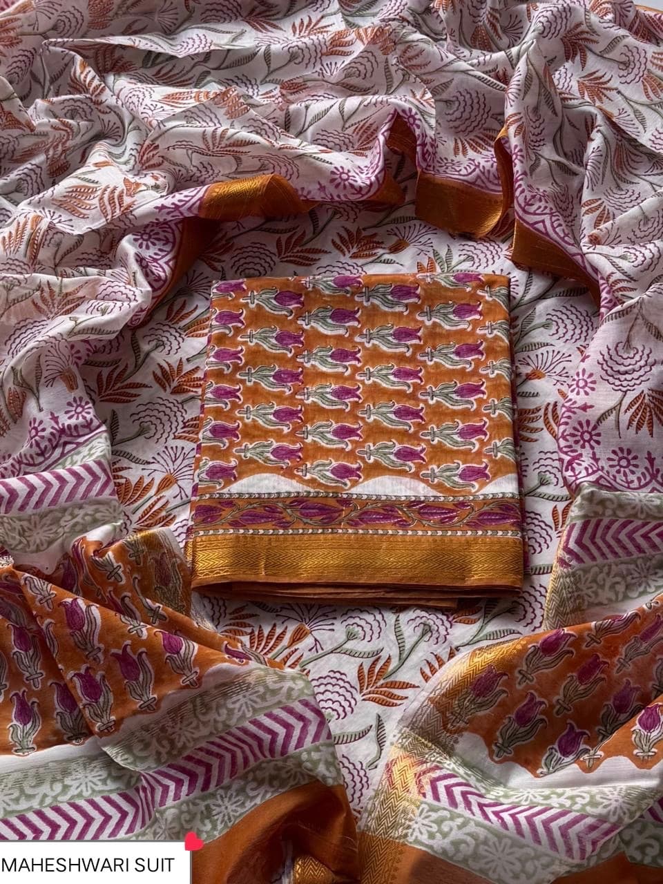 Rust Tulip Block Print Maheshwari Silk Suit with Maheshwari Silk Dupatta