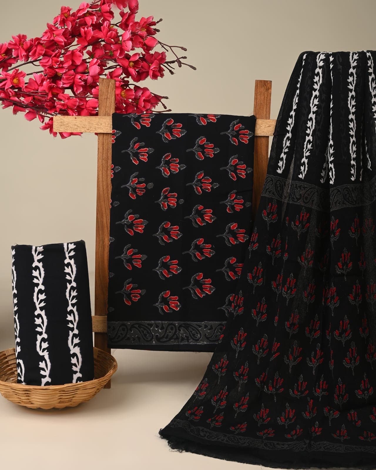 Midnight Black Floral Hand Block Print Pure Cotton Suit Set with Chiffon Dupatta