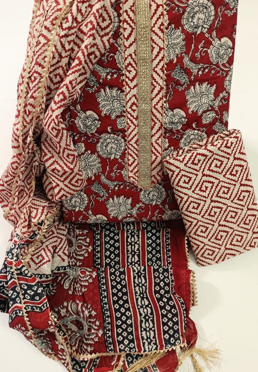 Maroon Aztec Floral Print Cotton Suit Set with Gota Lace Neck