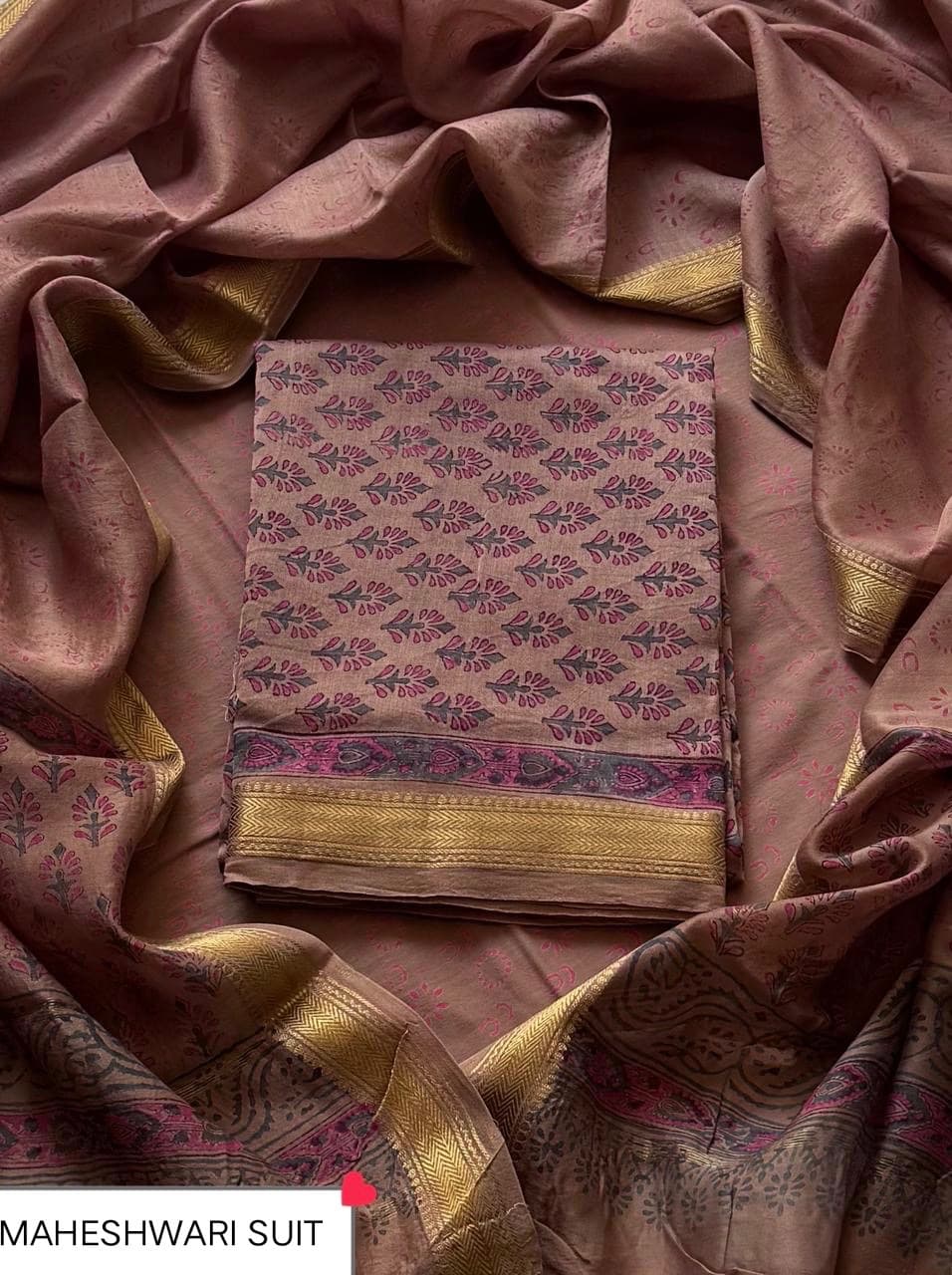 Mauve Brown Leaf Booti Maheshwari Silk Suit with Maheshwari Silk Dupatta