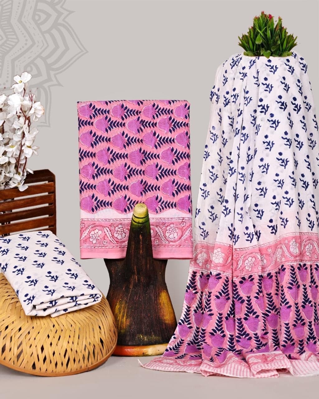 Pink Lotus Hand Block Print Pure Cotton Suit Set with Mulmul Dupatta