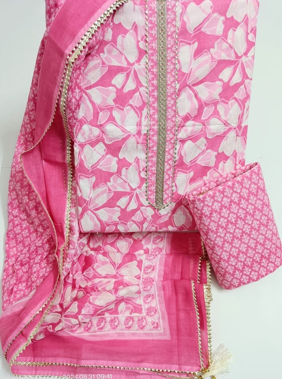 Pink Floral Leaf Print Cotton Suit Set with Gota Lace Neck