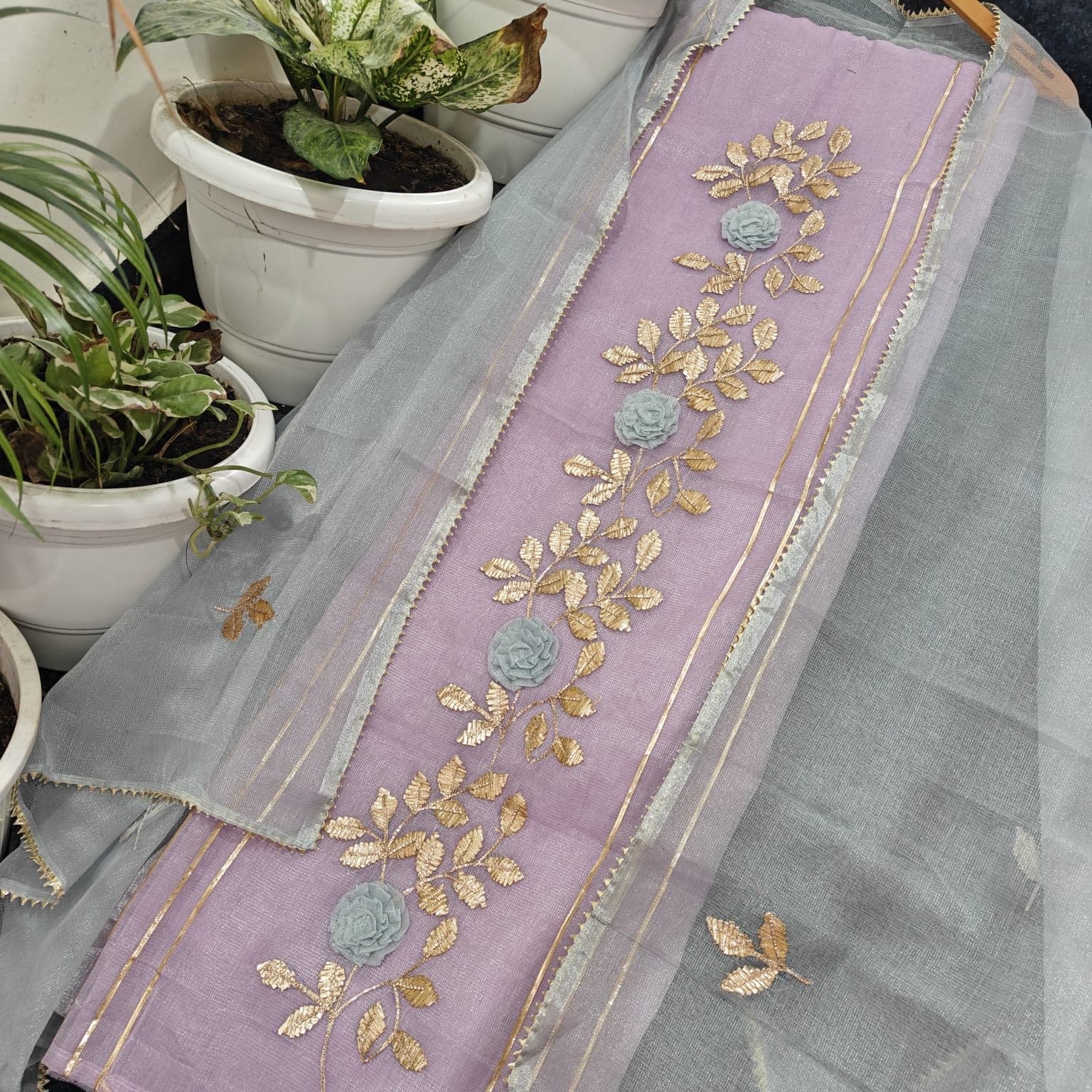 Grey & Lavender Embroidered Organza Dupatta