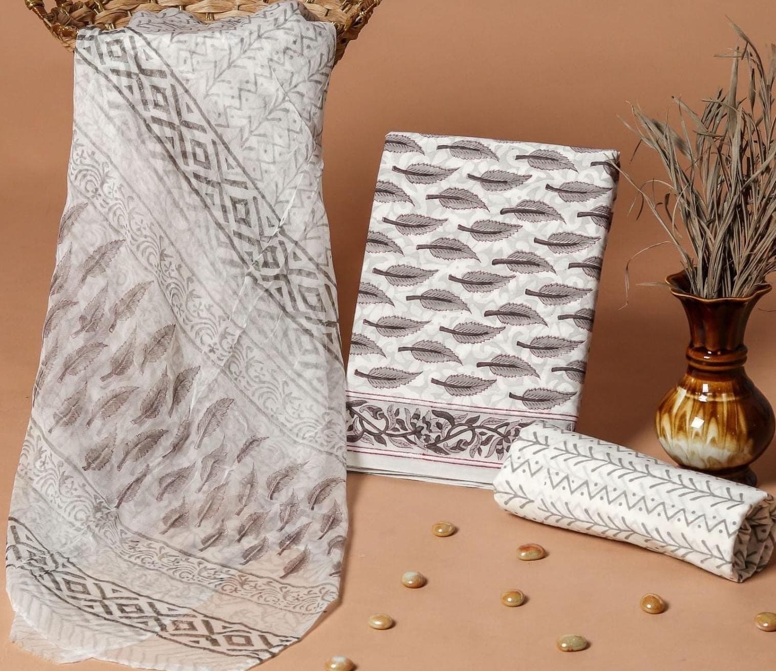 Grey White Leaf Hand Block Print Pure Cotton Suit Set with Chiffon Dupatta