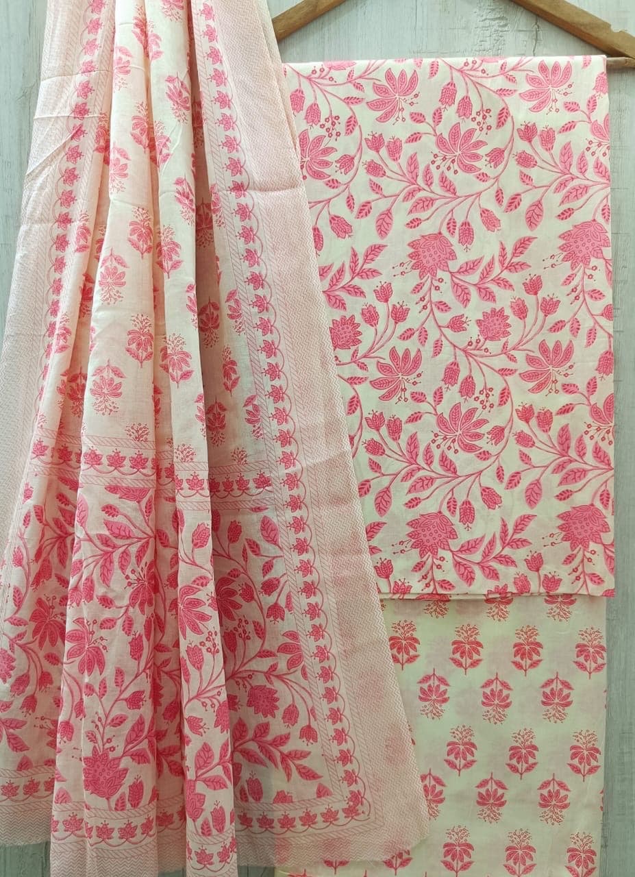 Ivory Pink Floral Vine Cotton Suit Set