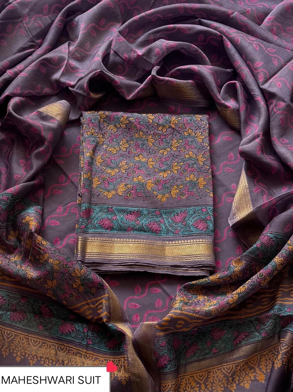 Grey-Mauve Floral Vine Maheshwari Silk Suit with Maheshwari Silk Dupatta