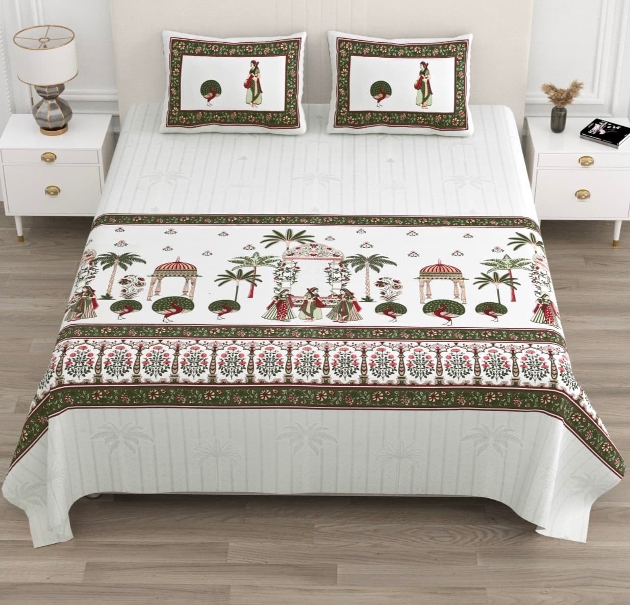 White Green Maroon Rajasthani Palace Peacock Print Cotton Bedsheet