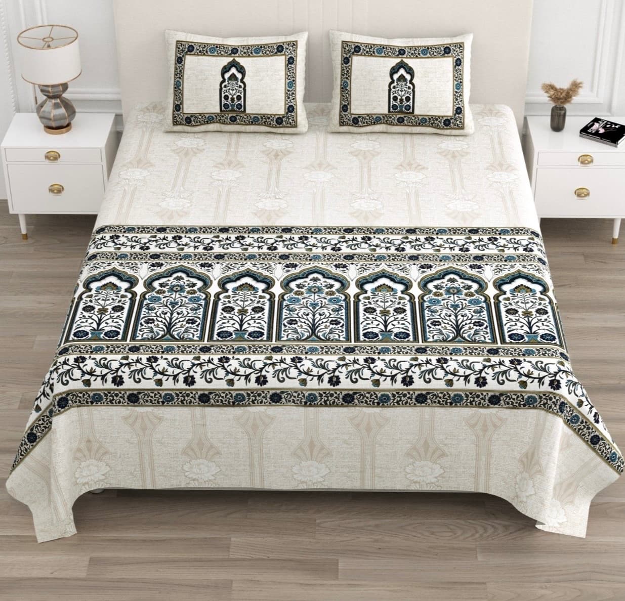 Beige Navy Olive Rajasthani Floral Jharokha Print Cotton Bedsheet
