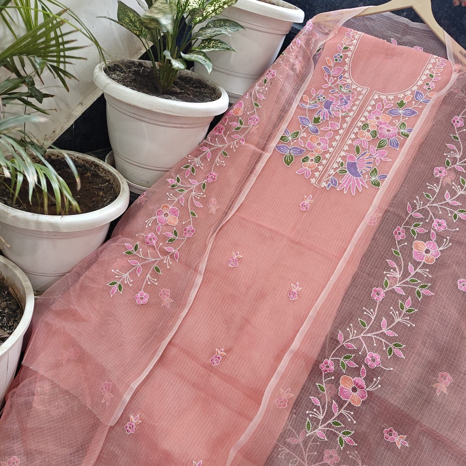 Peach Pink Kota Doria Bird Floral Embroidered Suit