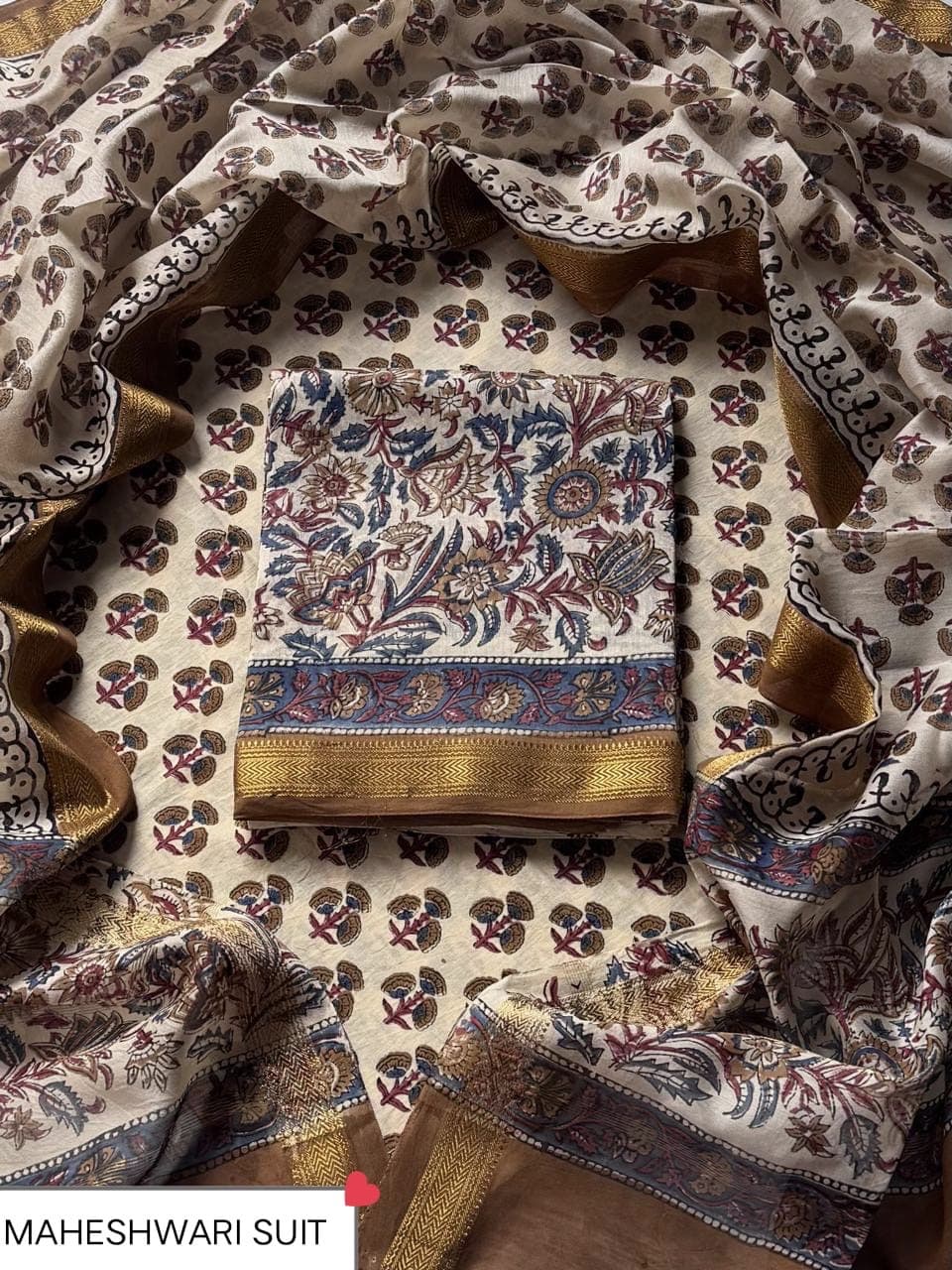 Ivory Multicolor Floral Block Print Maheshwari Silk Suit with Maheshwari Silk Dupatta