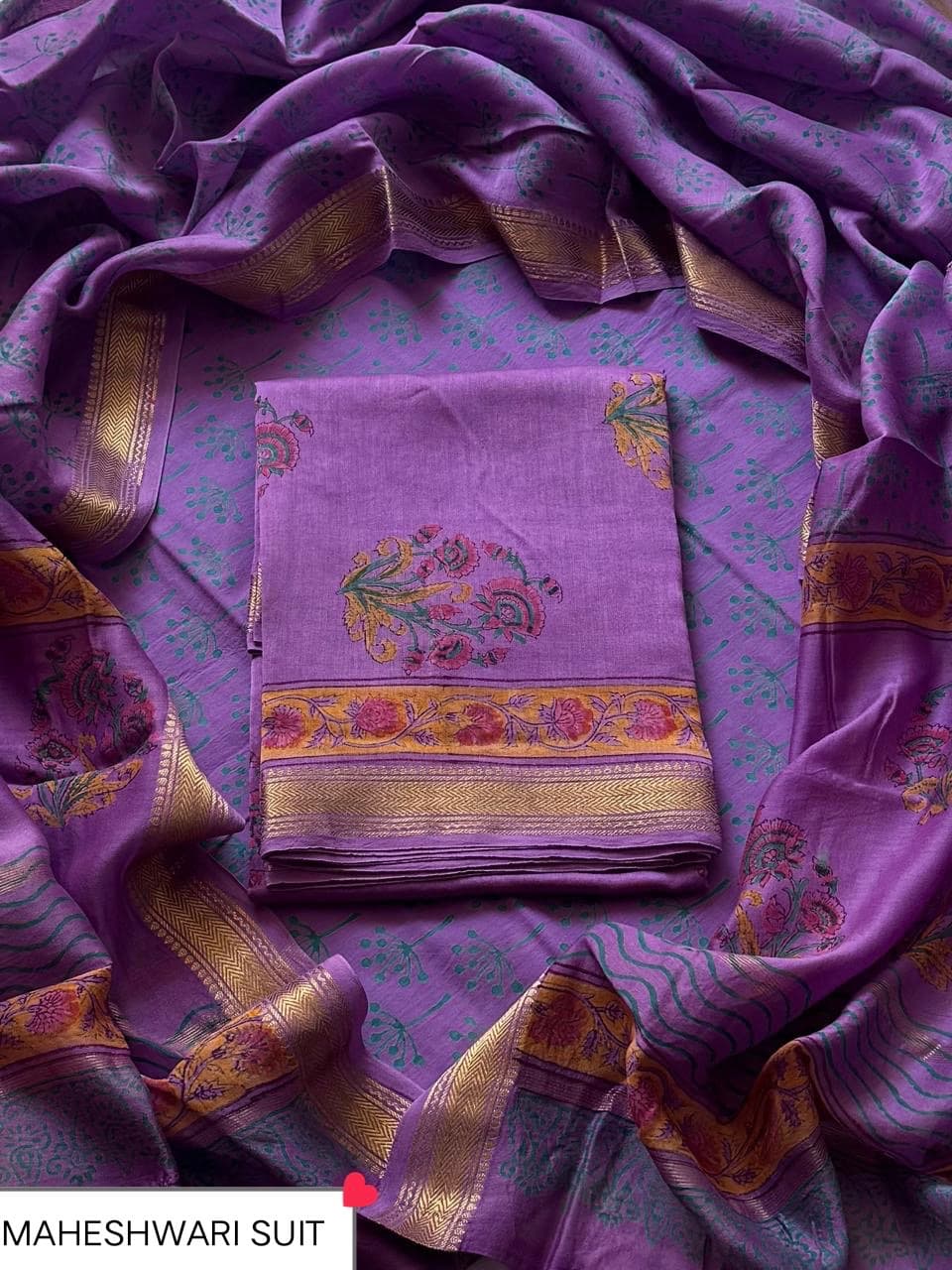Purple Floral Bunch Maheshwari Silk Suit with Maheshwari Silk Dupatta