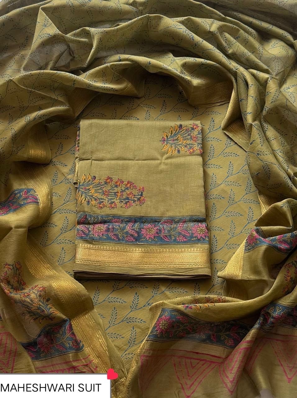 Olive Green Floral Booti Maheshwari Silk Suit with Maheshwari Silk Dupatta