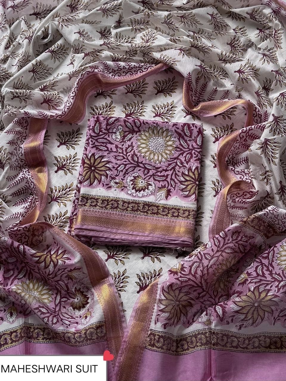 Pink Sunflower Floral Block Print Maheshwari Silk Suit with Maheshwari Silk Dupatta