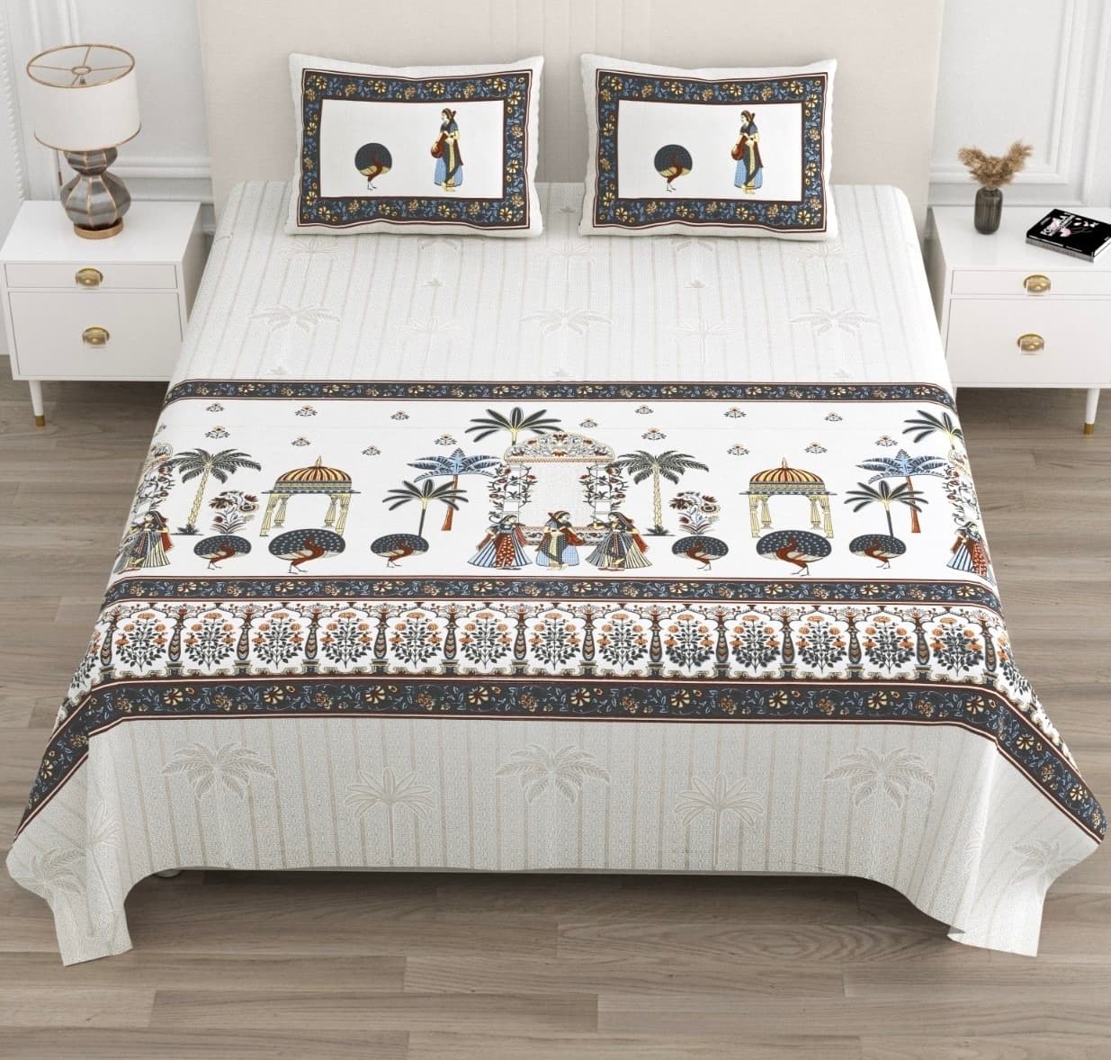 Off-White Navy Gold Rajasthani Palace Peacock Print Cotton Bedsheet