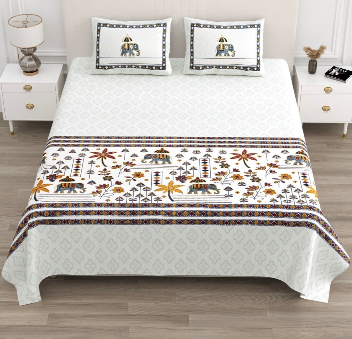 White Mustard Maroon Rajasthani Elephant Floral Print Cotton Bedsheet