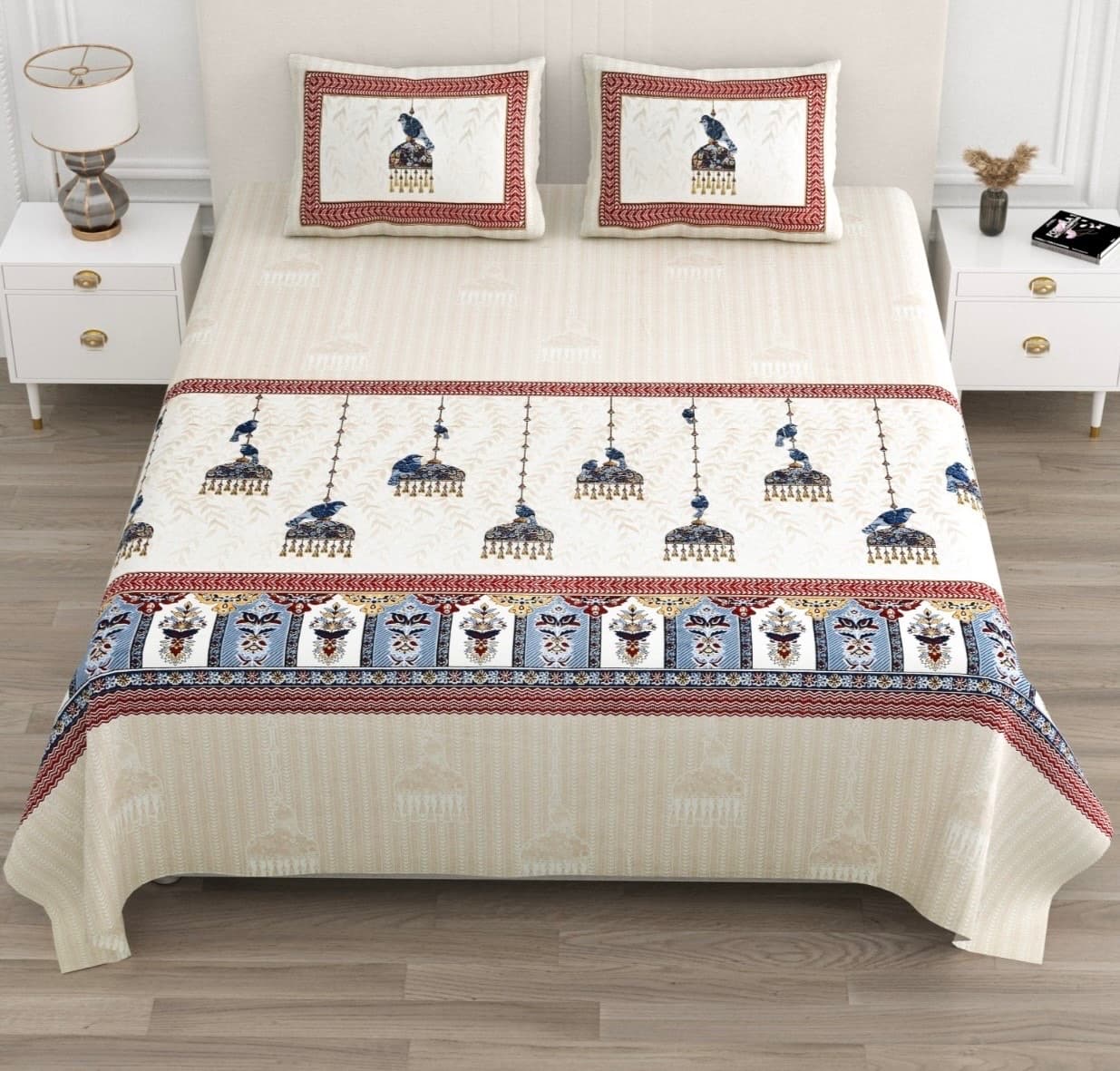 Ivory Navy Maroon Rajasthani Bird Jhoomar Print Cotton Bedsheet