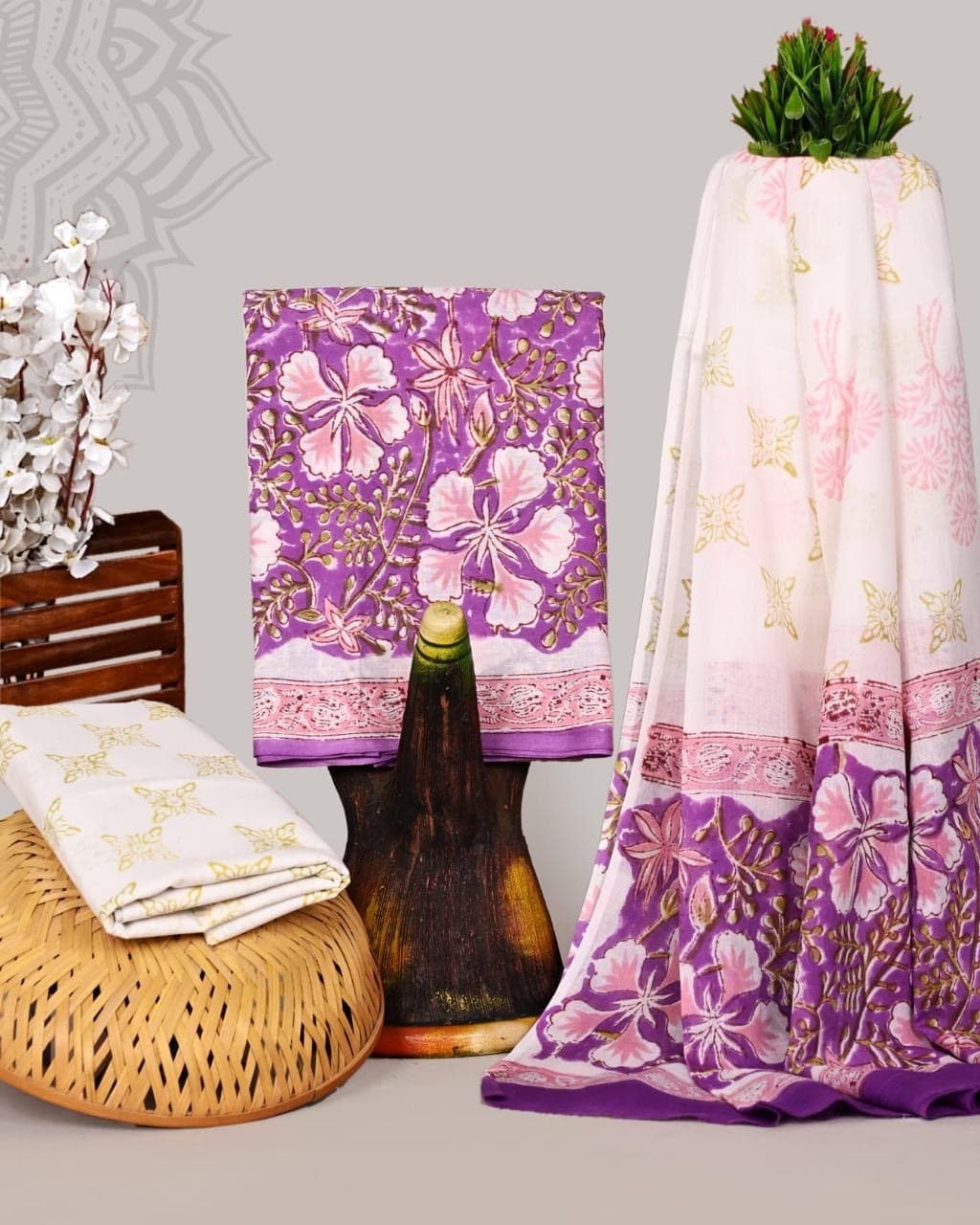 Purple Floral Hand Block Print Pure Cotton Suit Set with Mulmul Dupatta