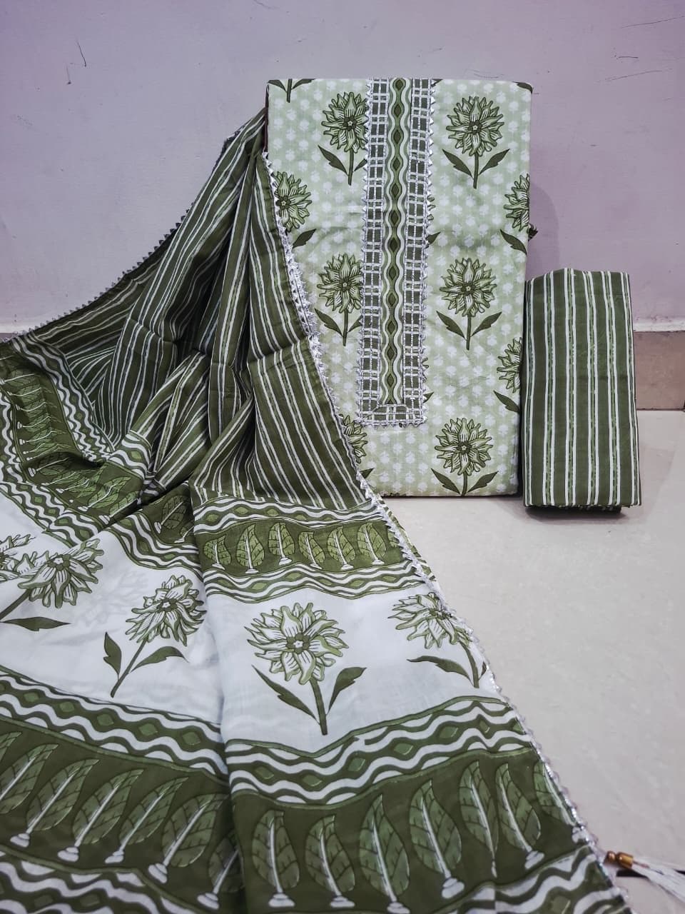 Olive Green Floral Print Gota Patti Cotton Suit Set