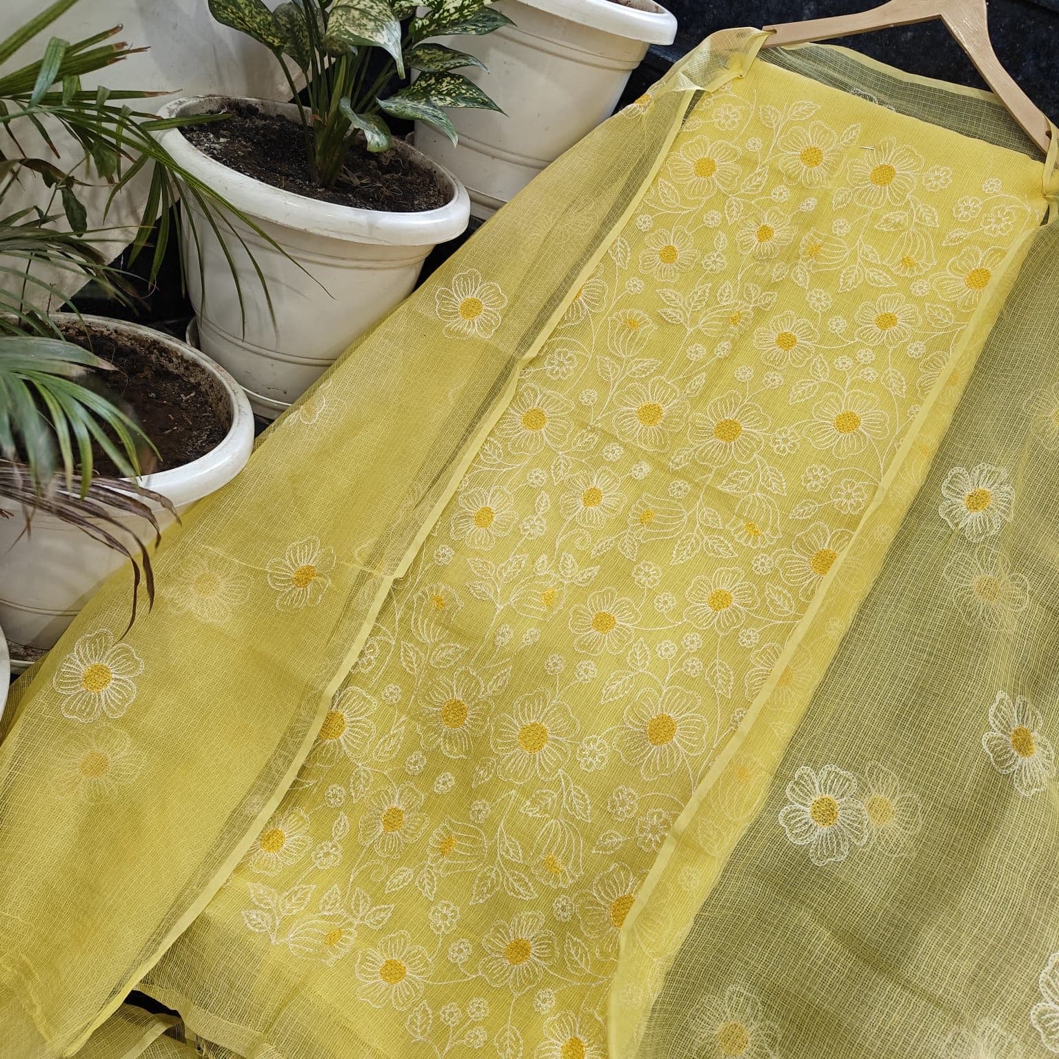 Lemon Yellow Kota Doria Floral Embroidered Suit