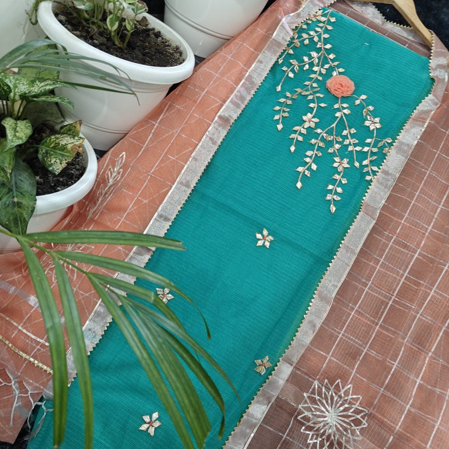 Kota Doria Dress Material - Teal