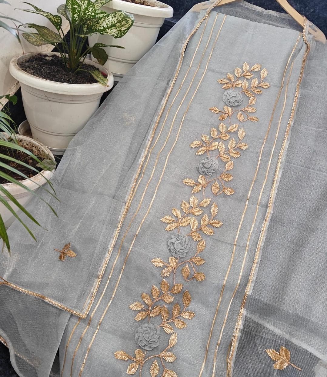 Grey Tone-on-Tone Embroidered Organza Dupatta
