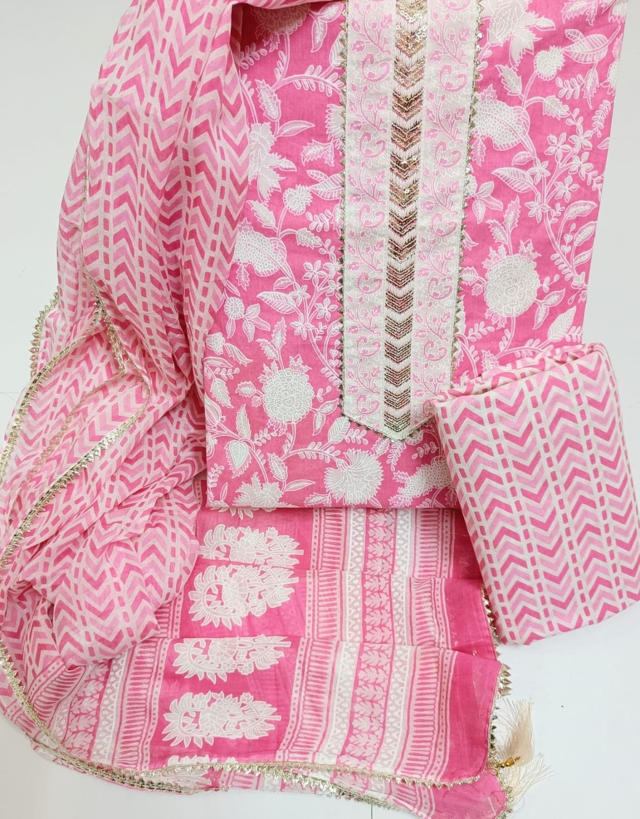 Baby Pink Chevron Print Cotton Suit Set with Sequin Gota Neck