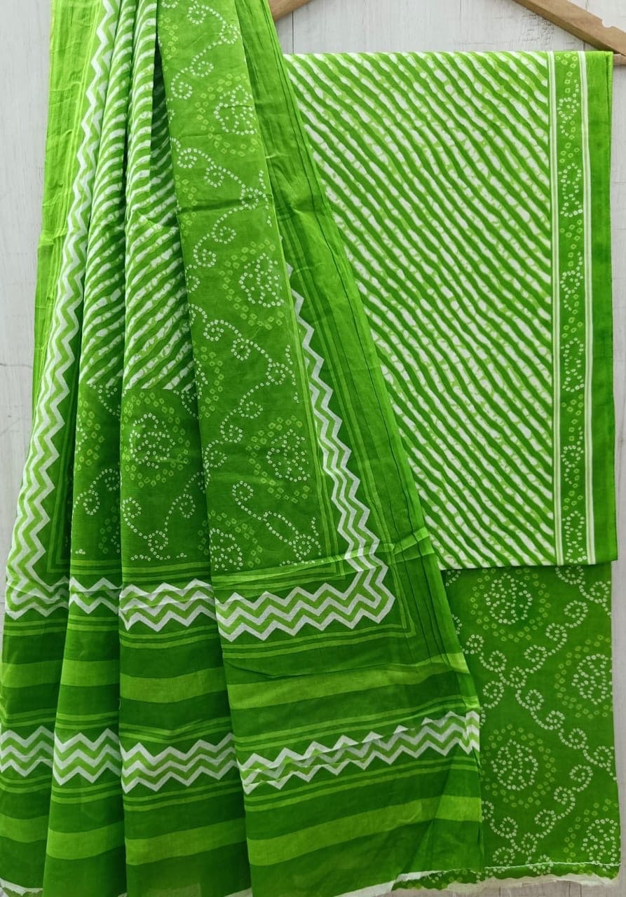 Parrot Green Bandhani Print Cotton Suit Set