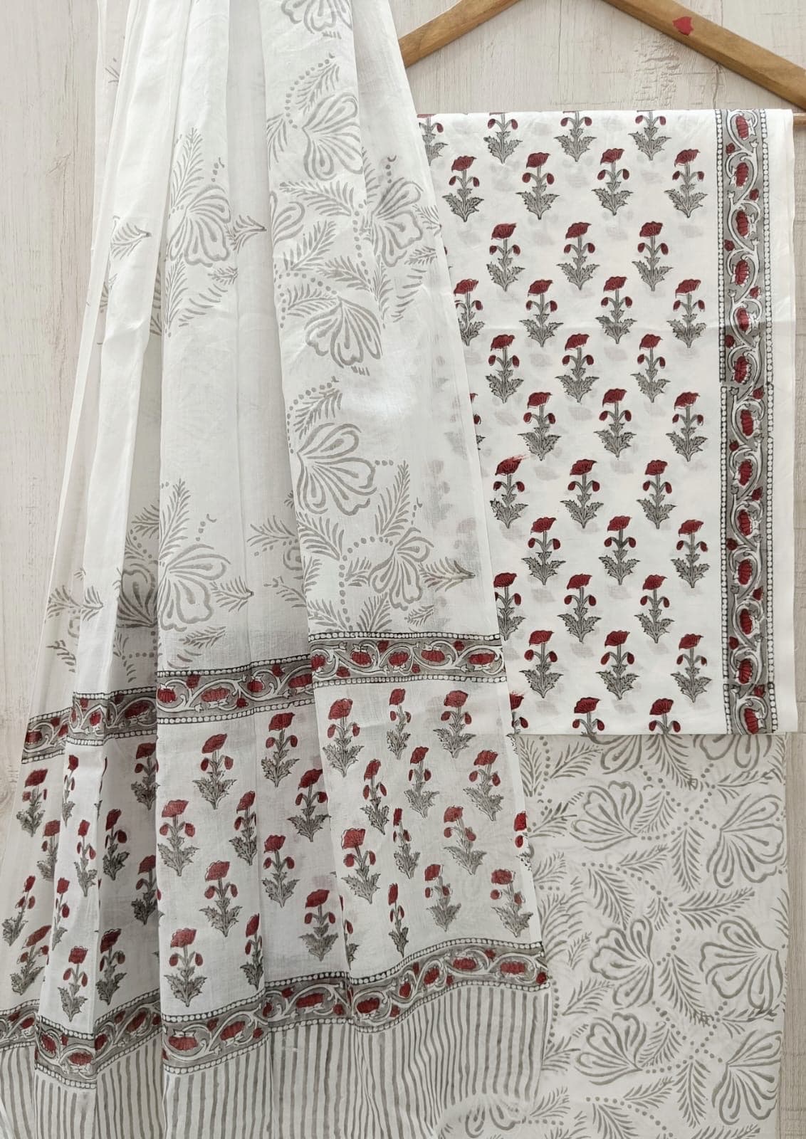 Ivory Red Floral Booti Cotton Suit Set