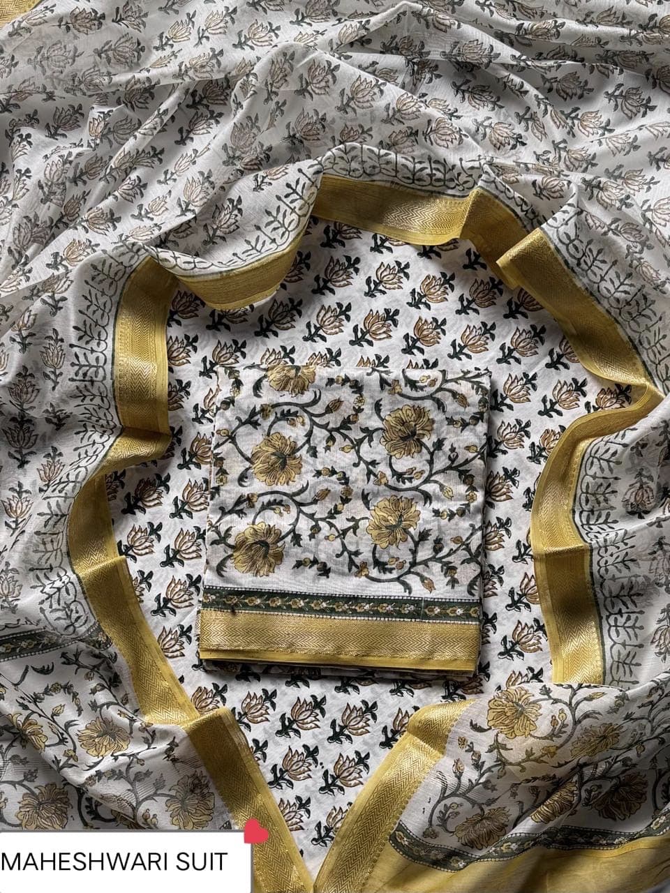 White Floral Vine Block Print Maheshwari Silk Suit with Maheshwari Silk Dupatta