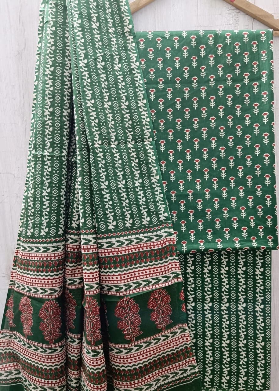 Bottle Green Floral Booti Cotton Suit Set
