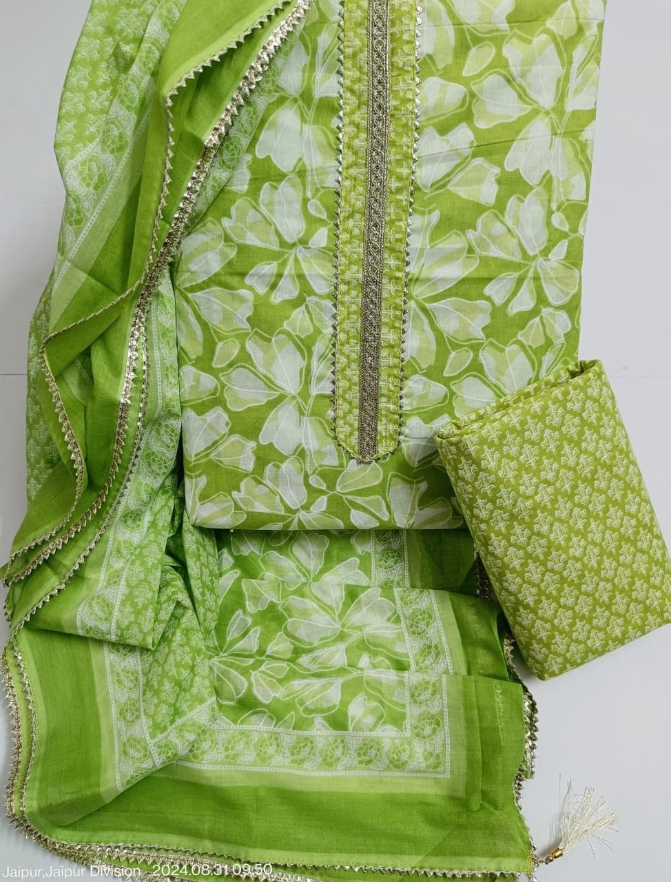 Lime Green Floral Print Cotton Suit Set with Gota Lace Neck