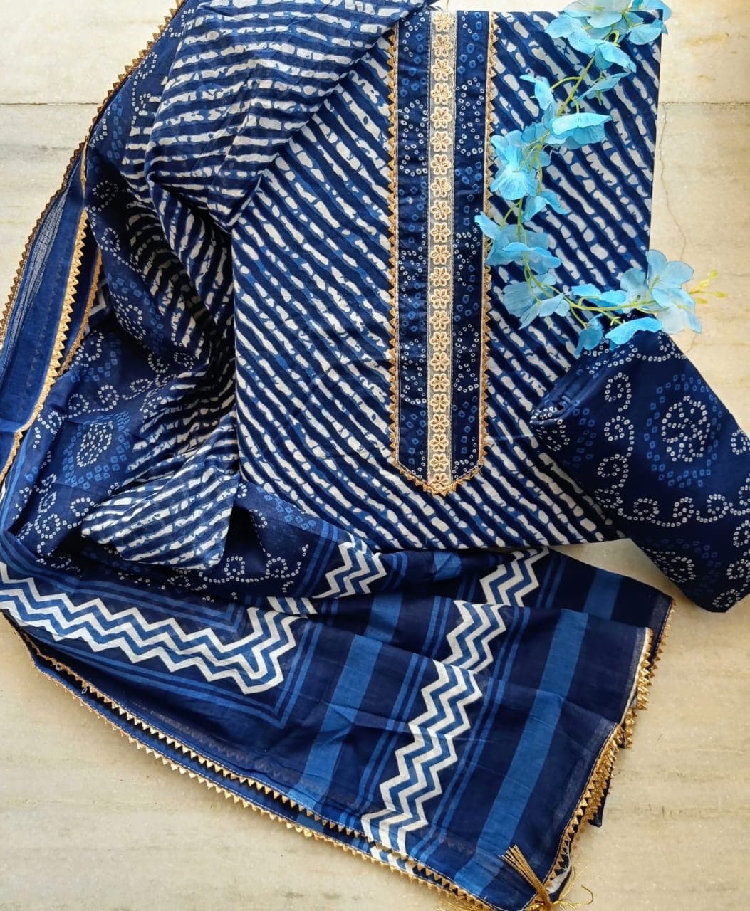 Indigo Bandhani Stripe Print Cotton Suit Set with Gota Floral Neck