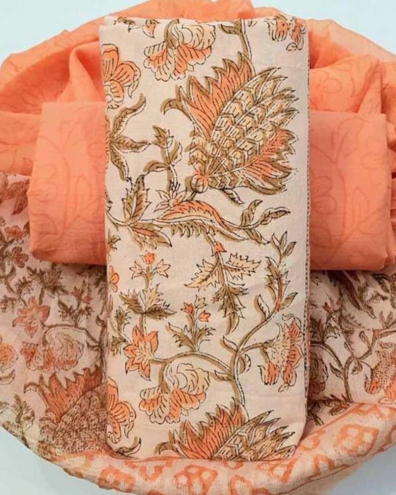 Peach Floral Hand Block Print Pure Cotton Suit Set with Chiffon Dupatta