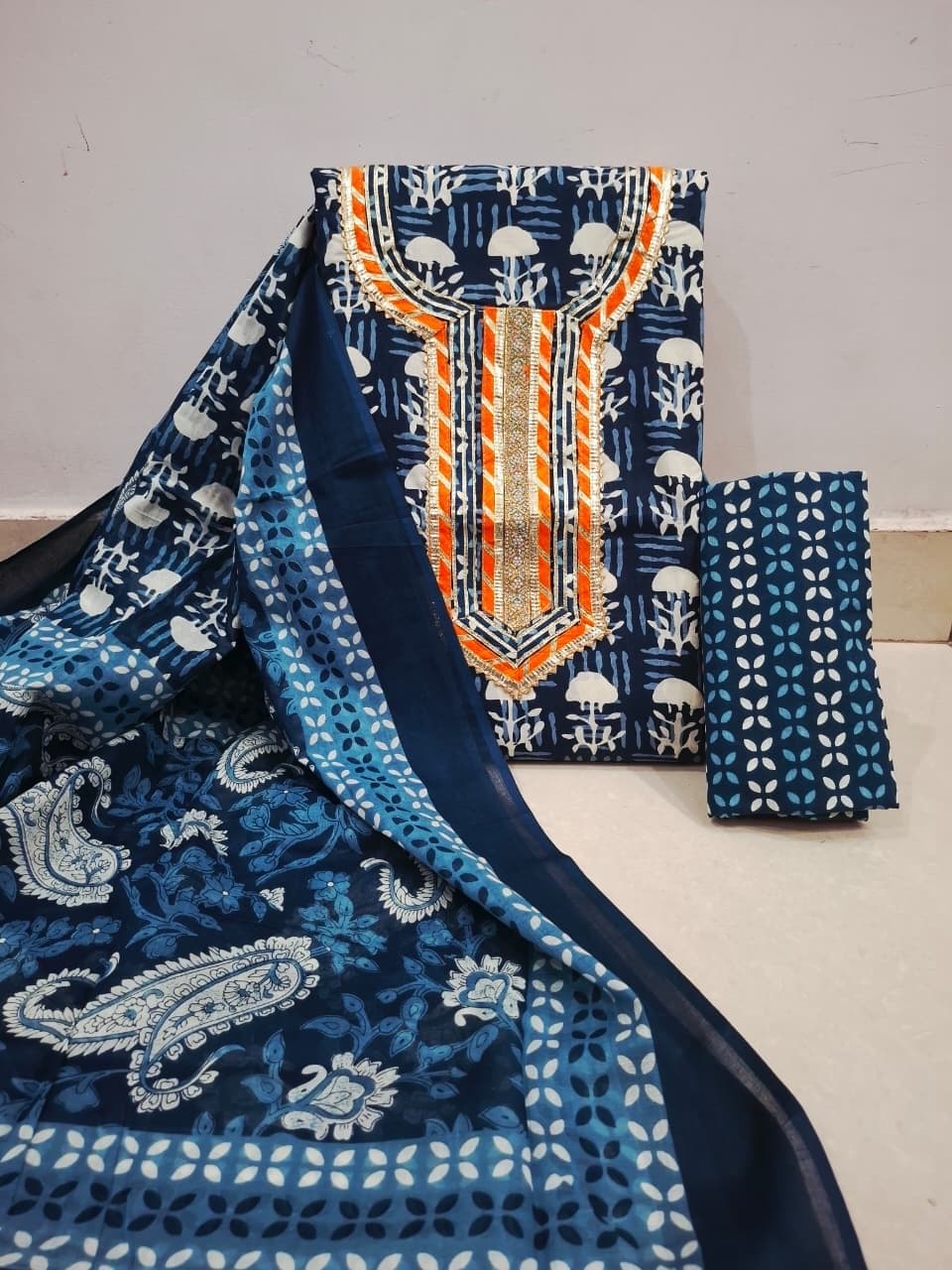 Navy Blue Mushroom Print Gota Patti Cotton Suit Set