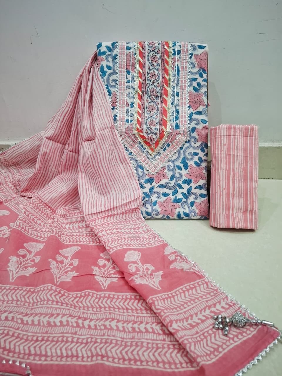 Pink Floral Print Gota Patti Cotton Suit Set
