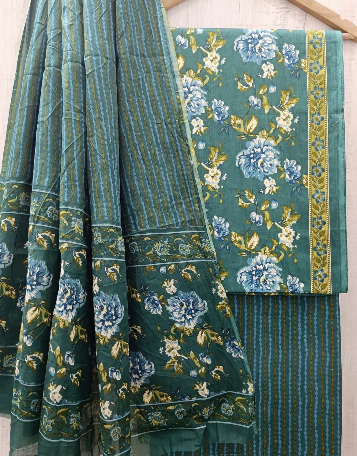 Teal Green Blue Rose Floral Cotton Suit Set