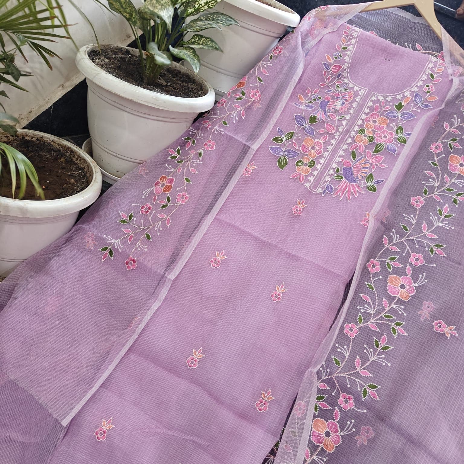 Lavender Kota Doria Bird Floral Embroidered Suit