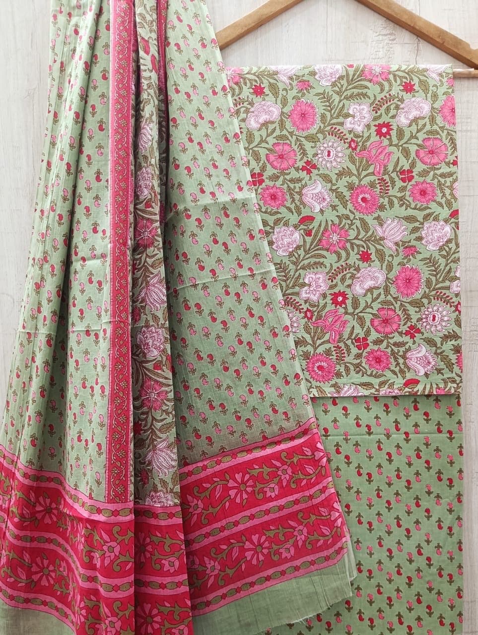 Sage Green Pink Floral Bouquet Cotton Suit Set
