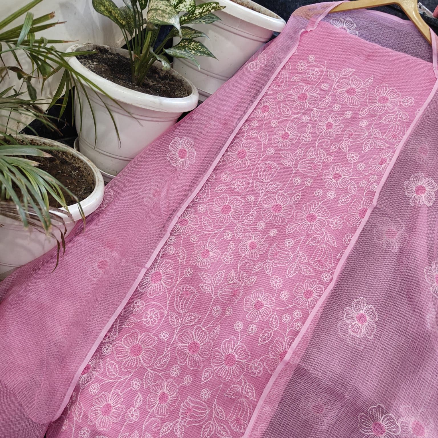 Blush Pink Kota Doria Floral Embroidered Suit
