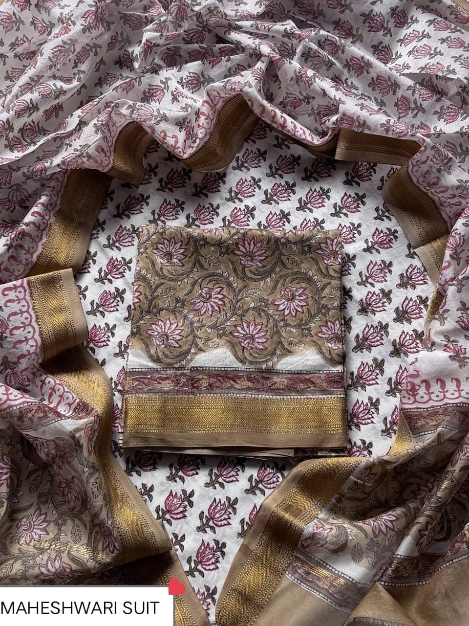 Beige Floral Vine Block Print Maheshwari Silk Suit with Maheshwari Silk Dupatta