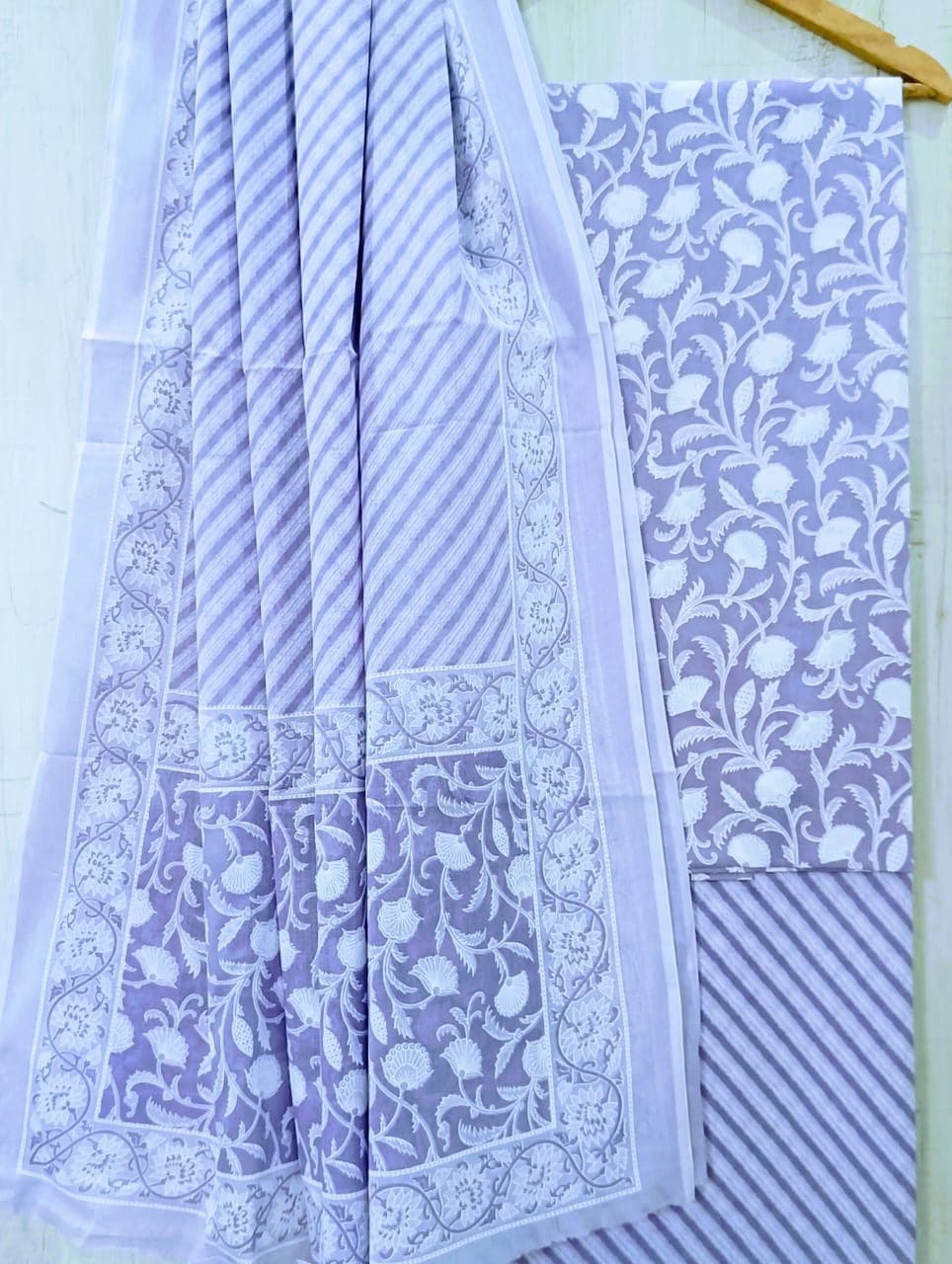 Mauve Floral Cotton Suit Set with Striped Dupatta