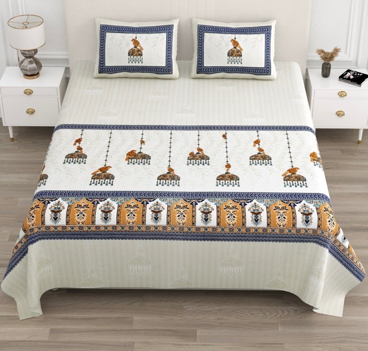 Ivory Navy Mustard Rajasthani Bird Jhoomar Print Cotton Bedsheet