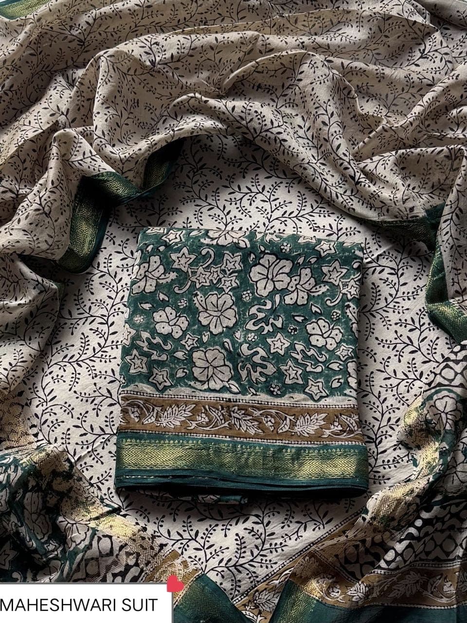 Teal Star Floral Block Print Maheshwari Silk Suit with Maheshwari Silk Dupatta