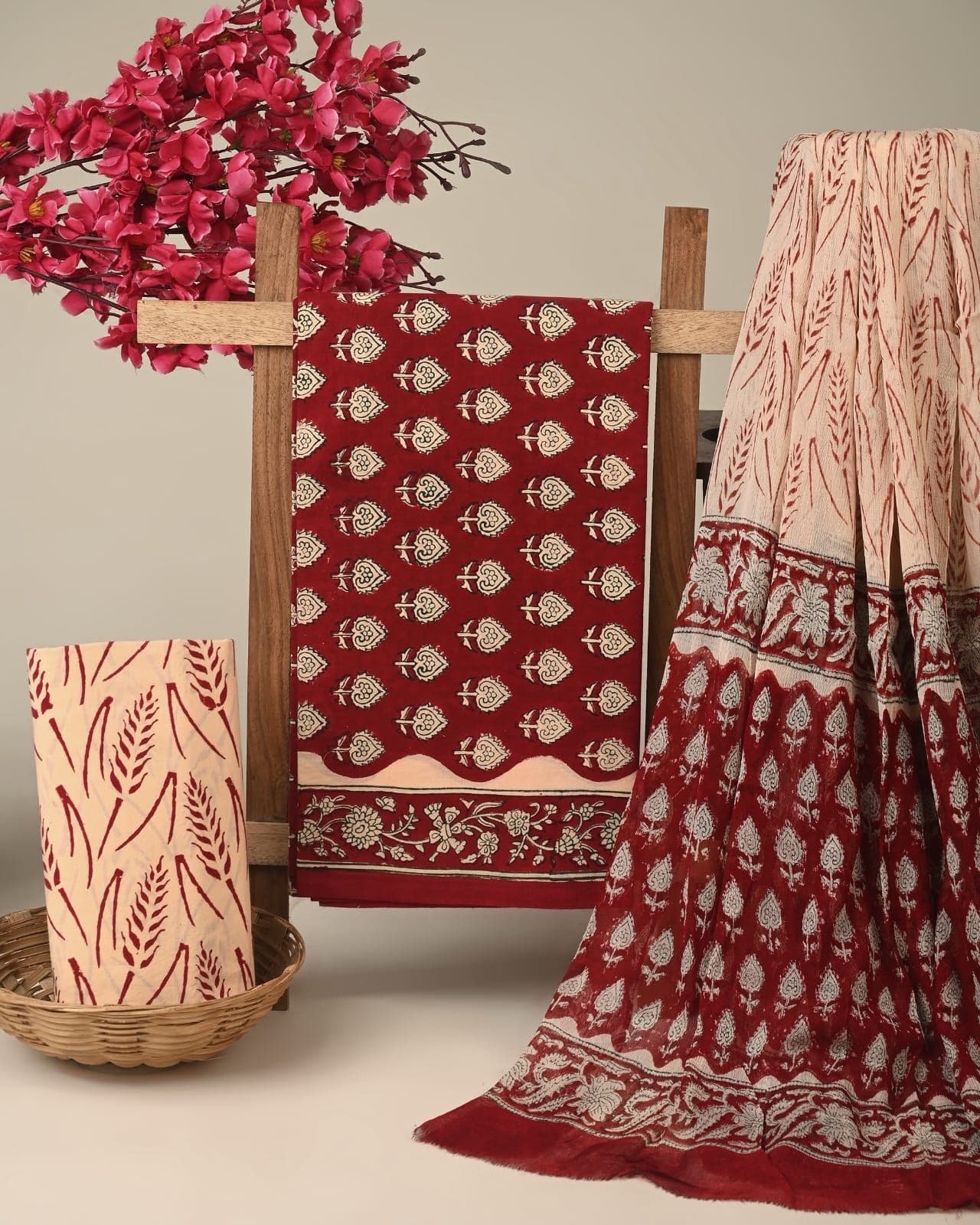 Maroon Floral Hand Block Print Pure Cotton Suit Set with Chiffon Dupatta