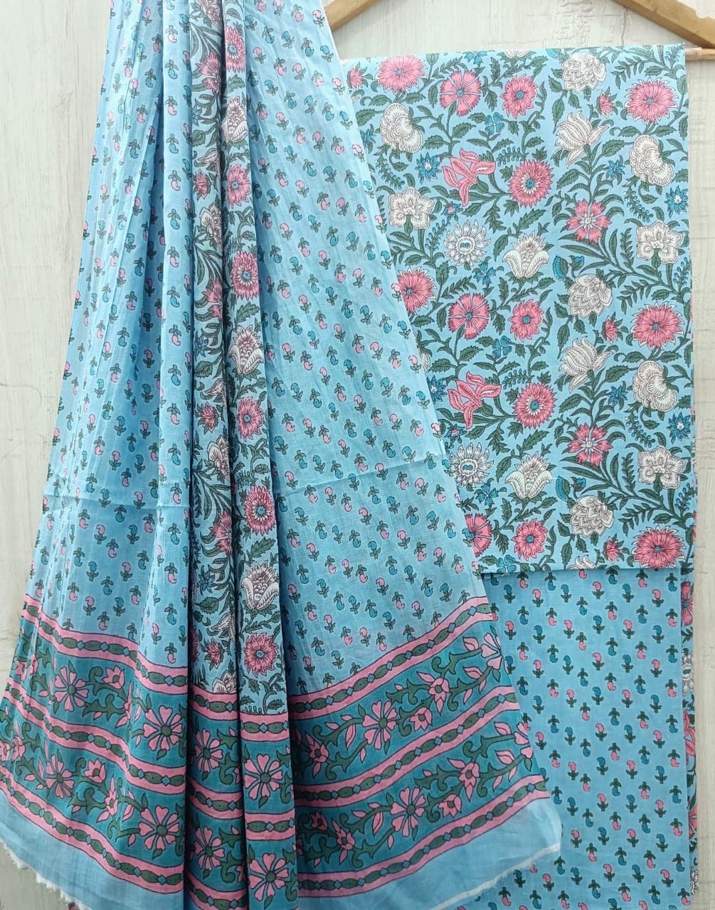 Sky Blue Floral Bouquet Cotton Suit Set