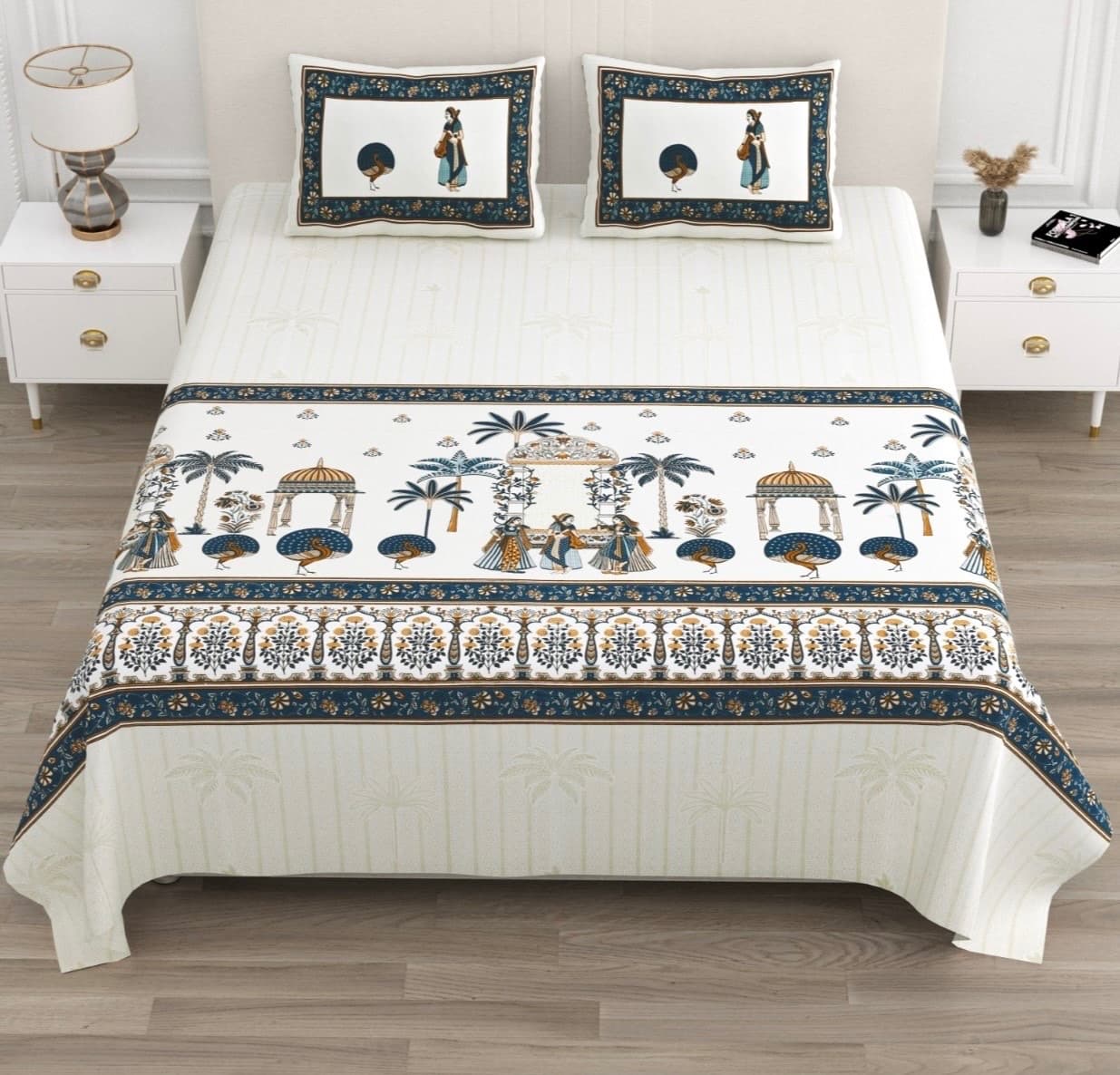 White Navy Gold Rajasthani Palace Peacock Print Cotton Bedsheet