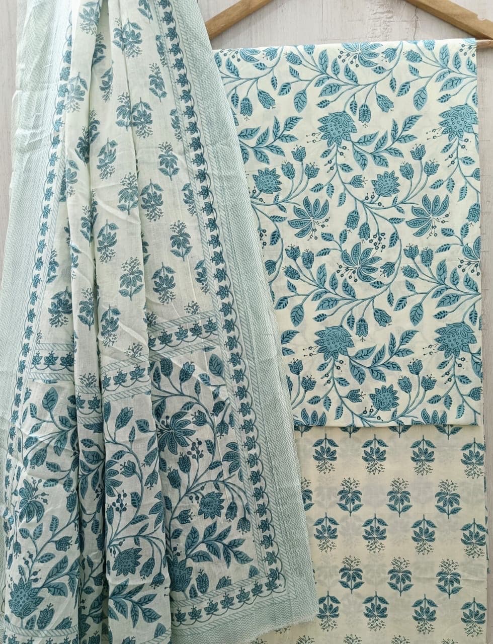 Ivory Teal Floral Vine Cotton Suit Set