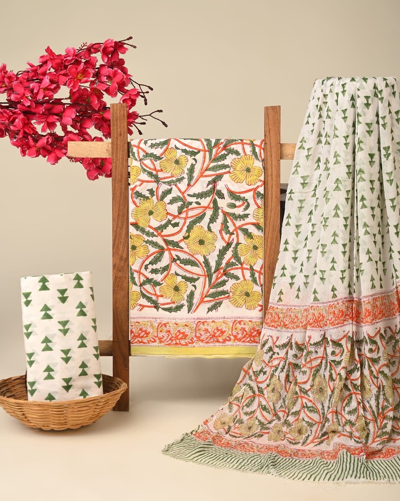 Ivory Yellow Floral Hand Block Print Pure Cotton Suit Set with Chiffon Dupatta