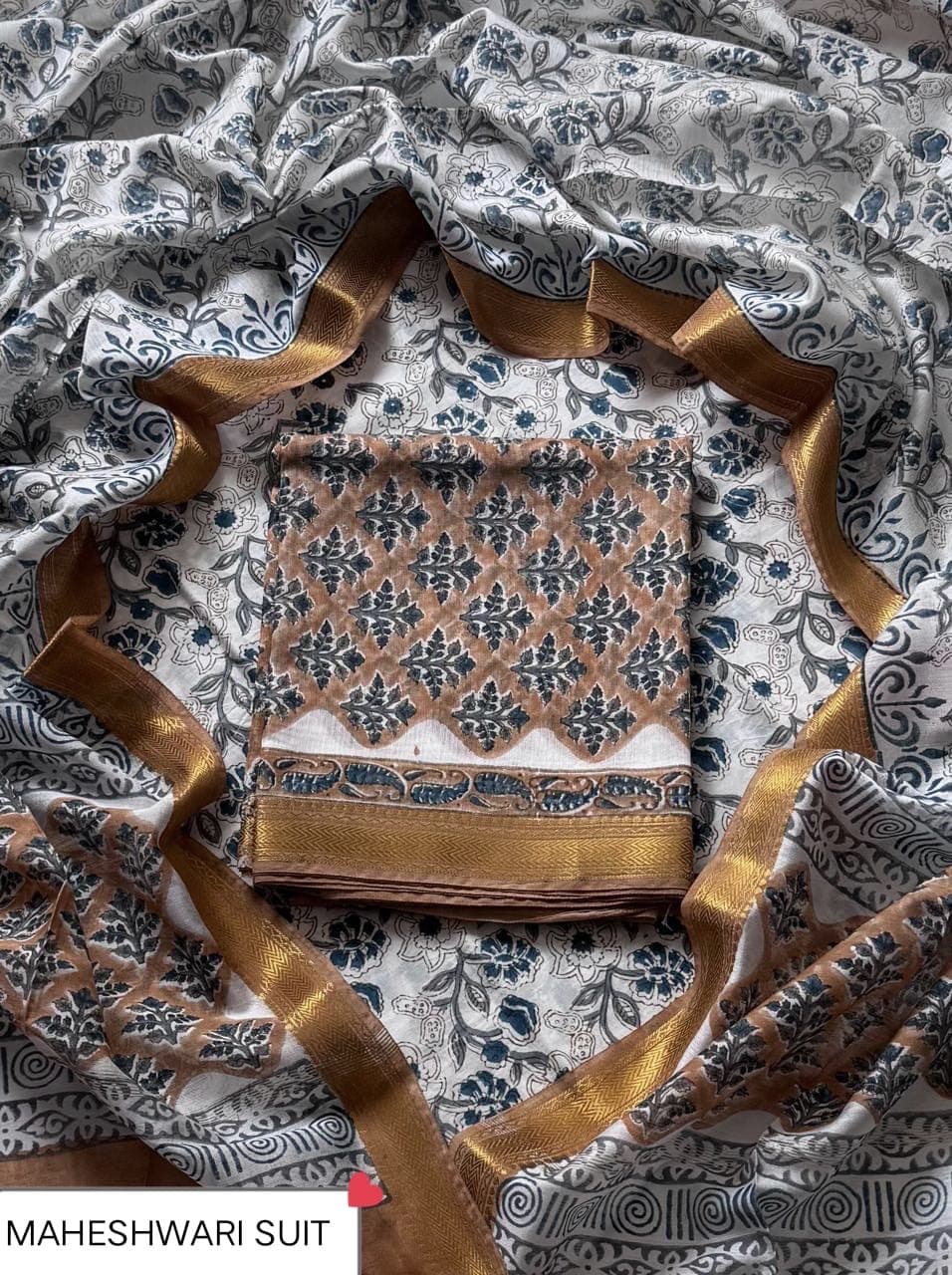 Brown Diamond Leaf Block Print Maheshwari Silk Suit with Maheshwari Silk Dupatta