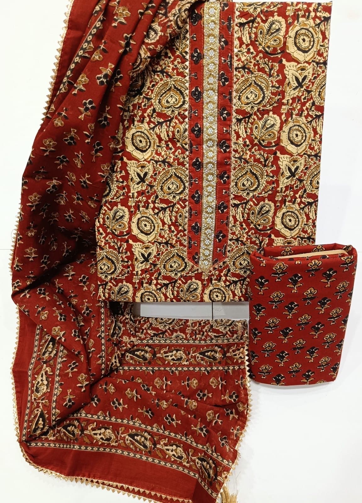 Rust Red Floral Paisley Print Cotton Suit Set with Pearl Gota Neck